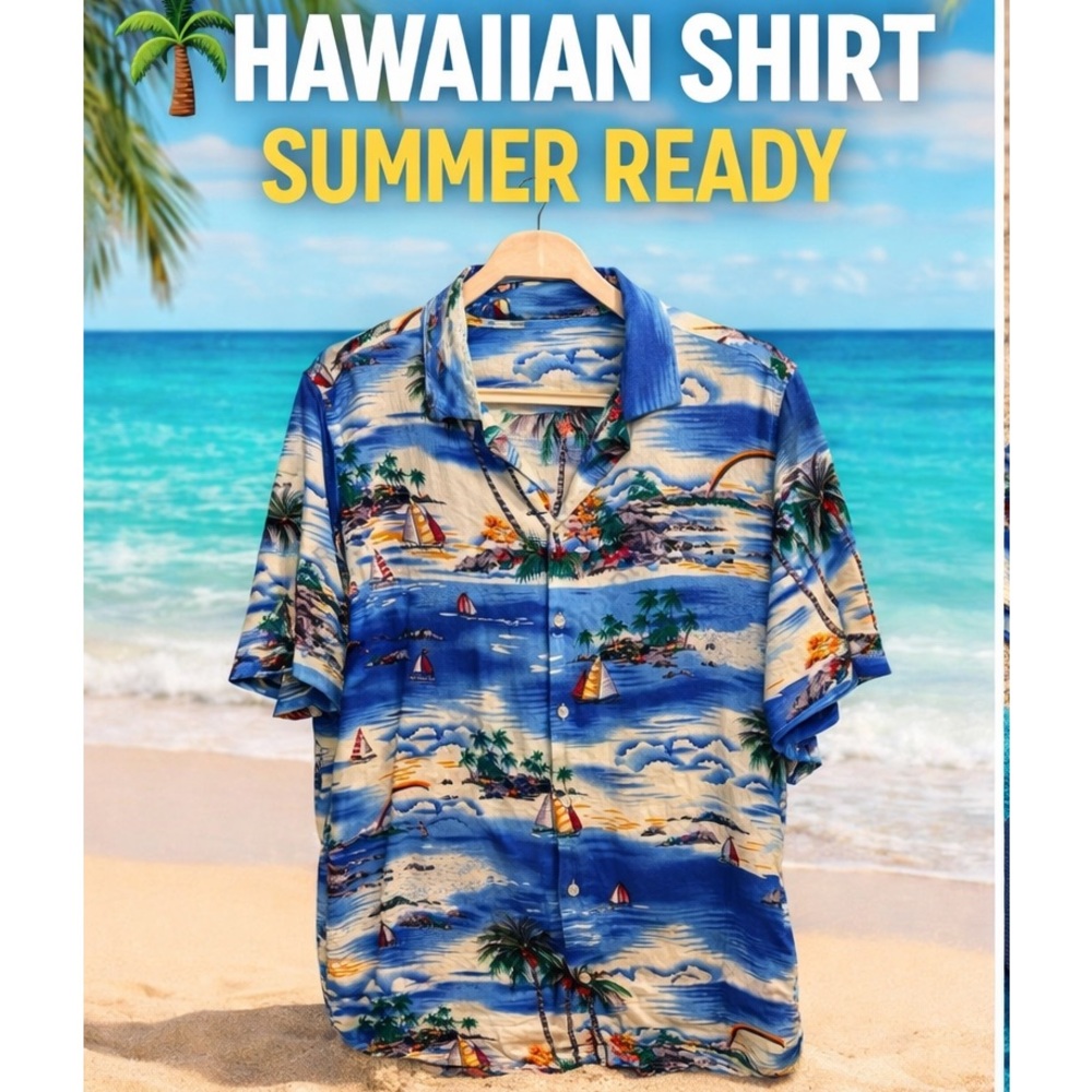 Men’s Hawaiian Aloha Shirt Large Blue Tropical Sailboat Print Beach Resort
